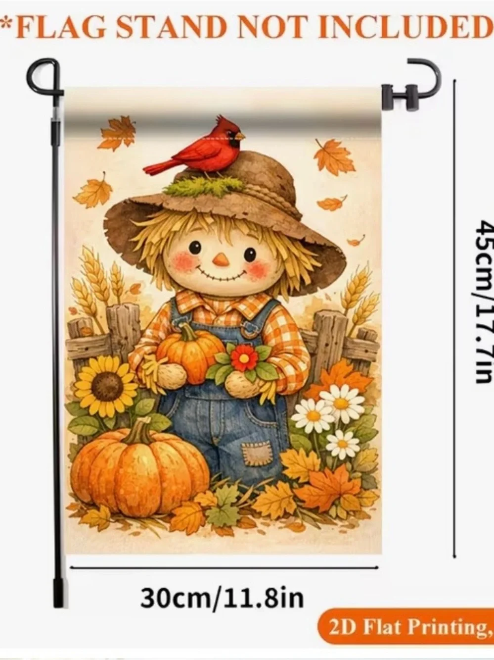 Cute Autumn Scarecrow Garden Flag with Cardinal and Pumpkins Sunflowers Leaves